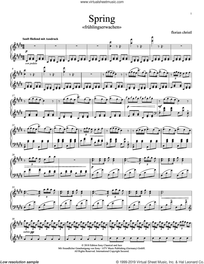 Spring - Fruhlingserwachen sheet music for piano solo by Florian Christl, classical score, intermediate skill level