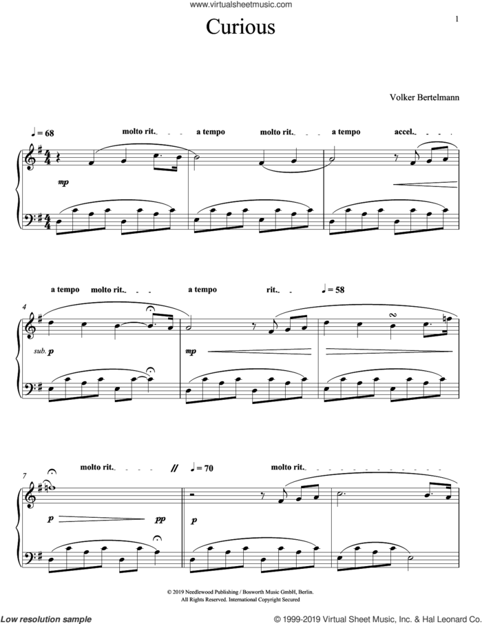 Curious sheet music for piano solo by Hauschka and Volker Bertelmann, classical score, intermediate skill level