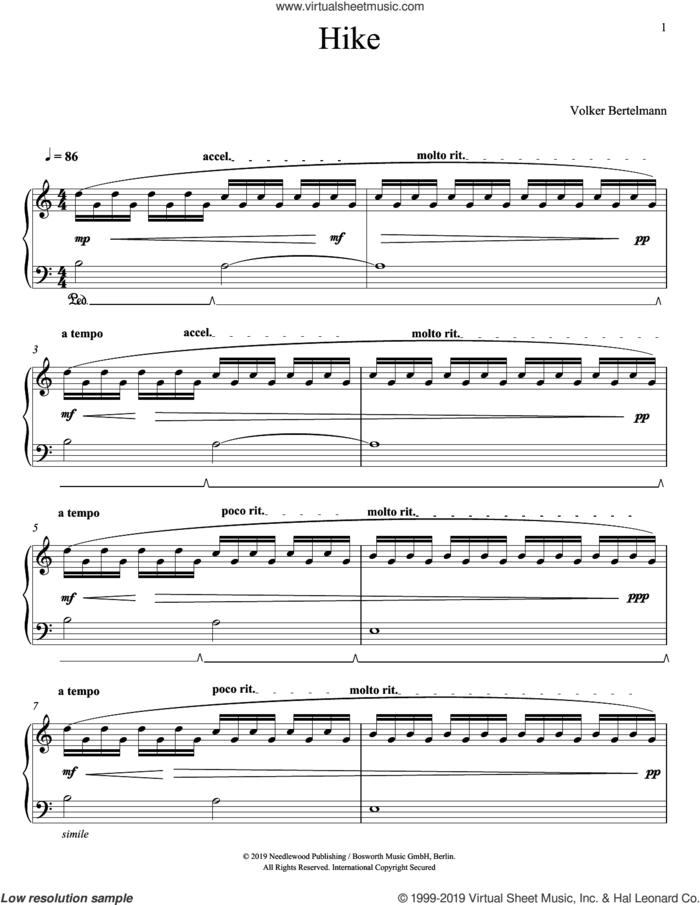 Hike sheet music for piano solo by Hauschka and Volker Bertelmann, classical score, intermediate skill level