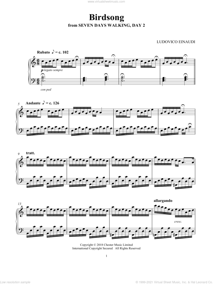 Birdsong (from Seven Days Walking: Day 2) sheet music for piano solo by Ludovico Einaudi, classical score, intermediate skill level