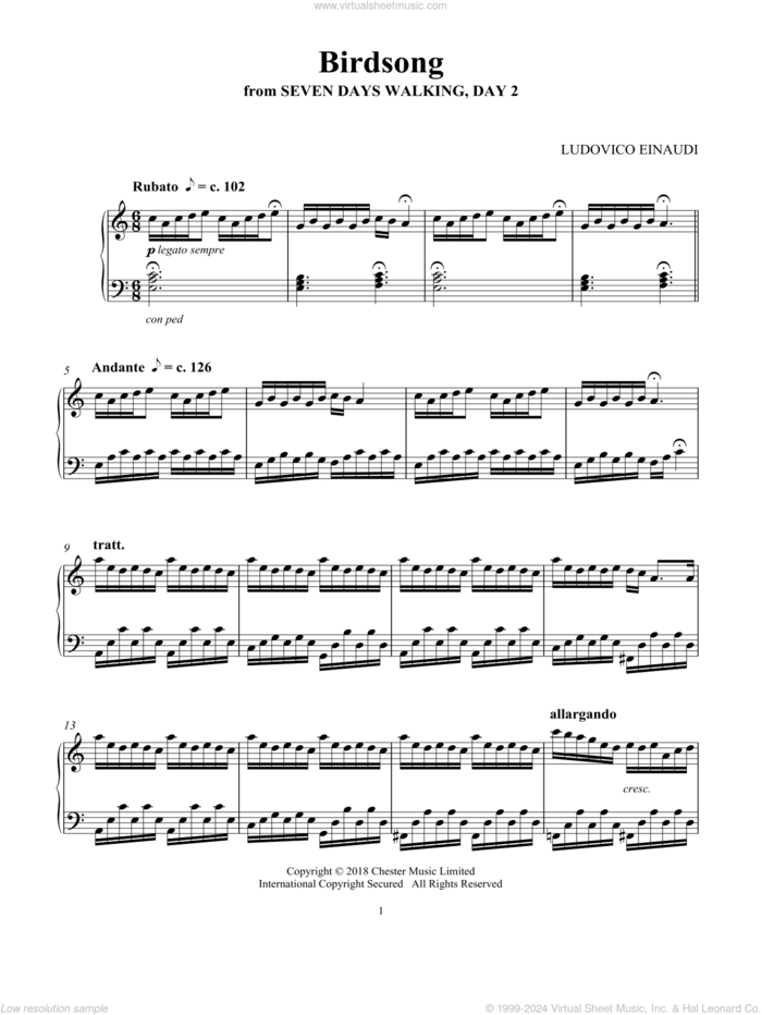 Birdsong (from Seven Days Walking: Day 2) sheet music for piano solo by Ludovico Einaudi, classical score, intermediate skill level