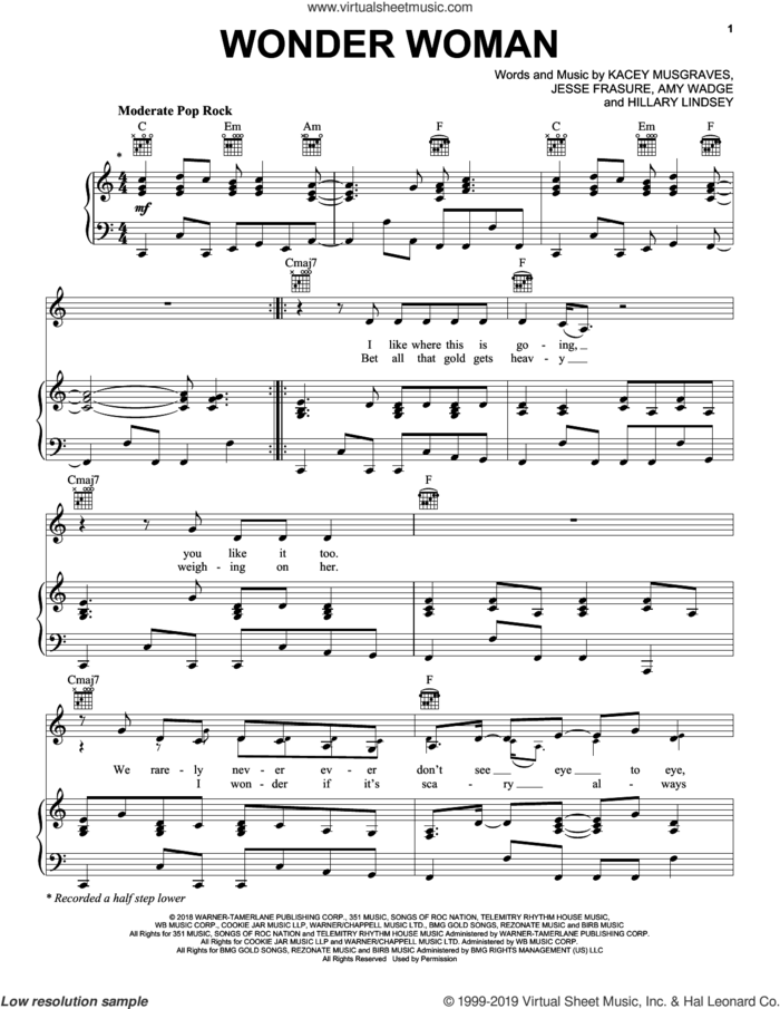 Wonder Woman sheet music for voice, piano or guitar by Kacey Musgraves, Amy Wadge, Hillary Lindsey and Jesse Frasure, intermediate skill level