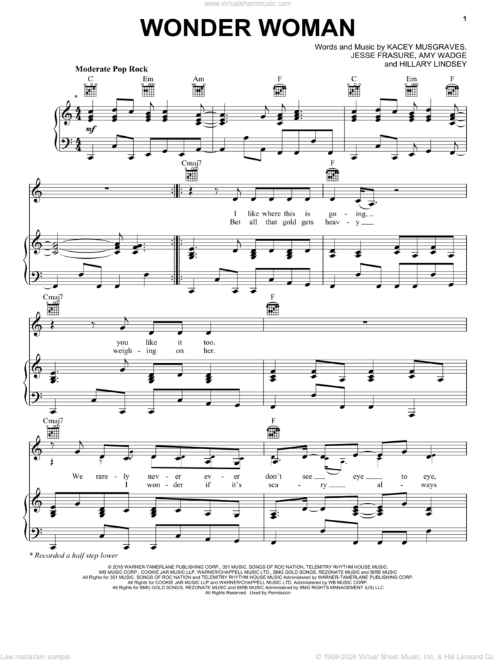 Wonder Woman sheet music for voice, piano or guitar by Kacey Musgraves, Amy Wadge, Hillary Lindsey and Jesse Frasure, intermediate skill level