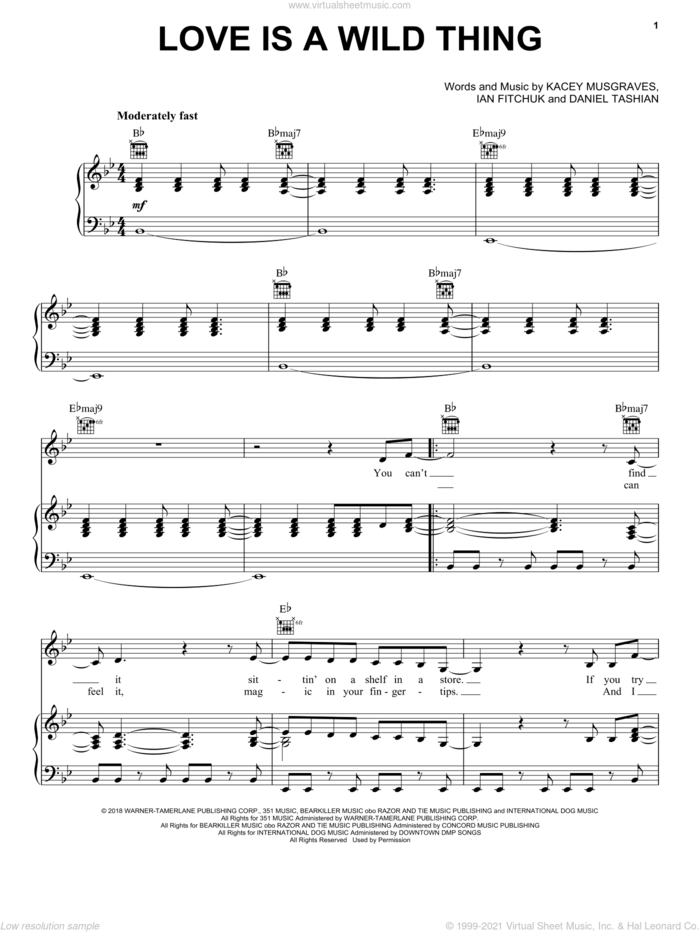 Love Is A Wild Thing sheet music for voice, piano or guitar by Kacey Musgraves, Daniel Tashian and Ian Fitchuk, intermediate skill level