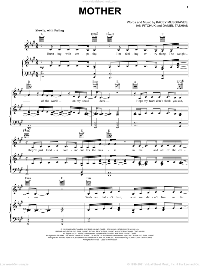 Mother sheet music for voice, piano or guitar by Kacey Musgraves, Daniel Tashian and Ian Fitchuk, intermediate skill level