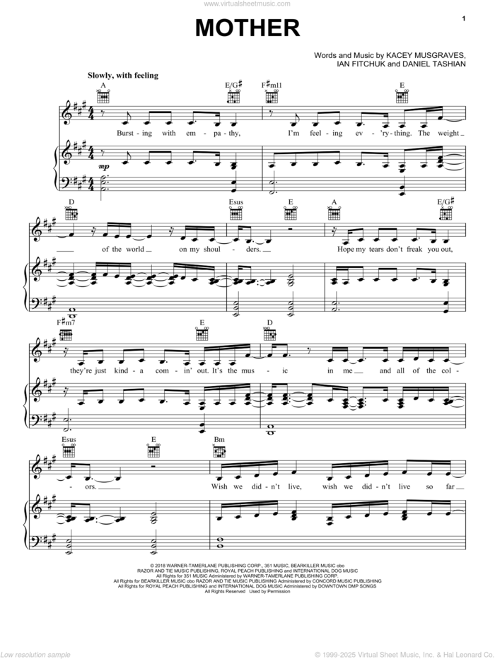 Mother sheet music for voice, piano or guitar by Kacey Musgraves, Daniel Tashian and Ian Fitchuk, intermediate skill level