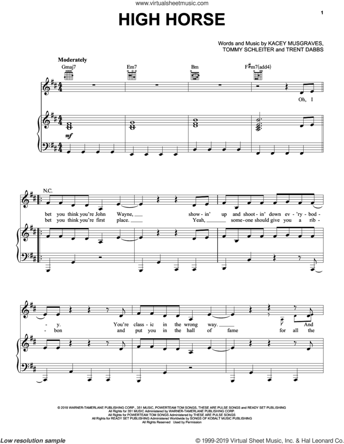 High Horse sheet music for voice, piano or guitar by Kacey Musgraves, Tommy English and Trent Dabbs, intermediate skill level
