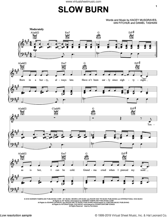 Slow Burn sheet music for voice, piano or guitar by Kacey Musgraves, Daniel Tashian and Ian Fitchuk, intermediate skill level