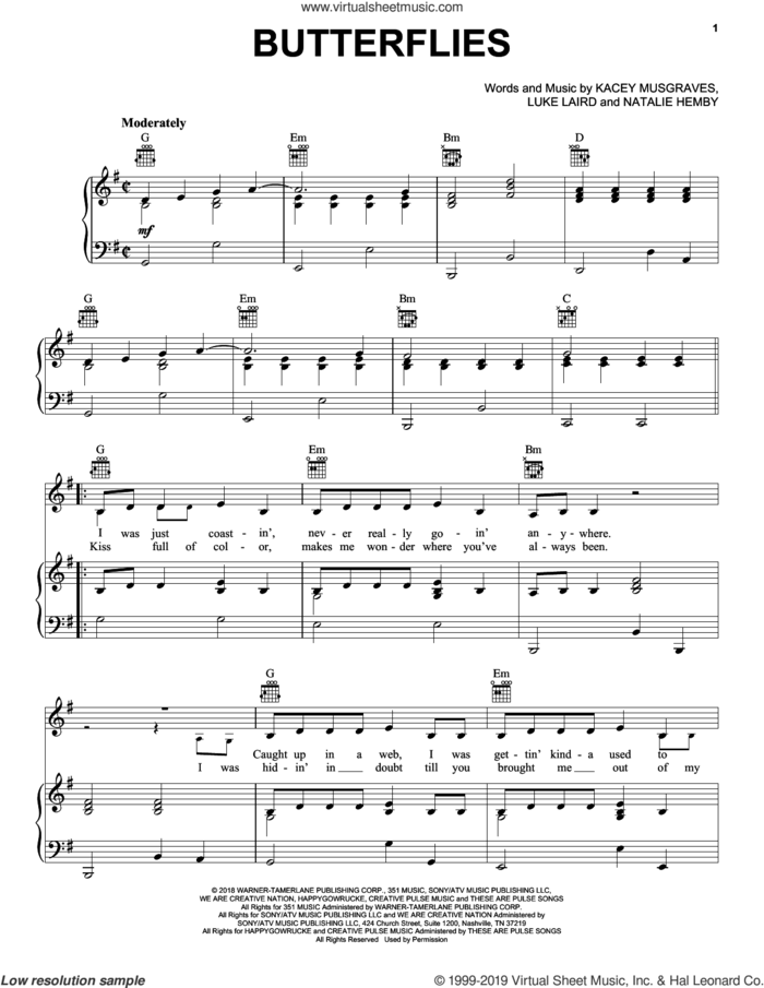 Butterflies sheet music for voice, piano or guitar by Kacey Musgraves, Luke Laird and Natalie Hemby, intermediate skill level