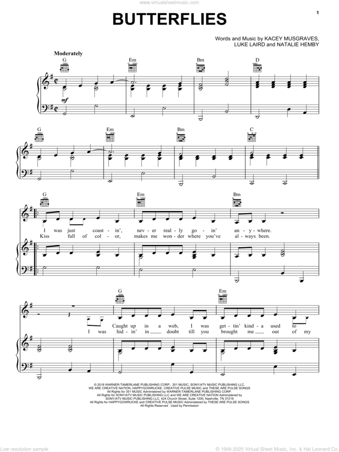 Butterflies sheet music for voice, piano or guitar by Kacey Musgraves, Luke Laird and Natalie Hemby, intermediate skill level