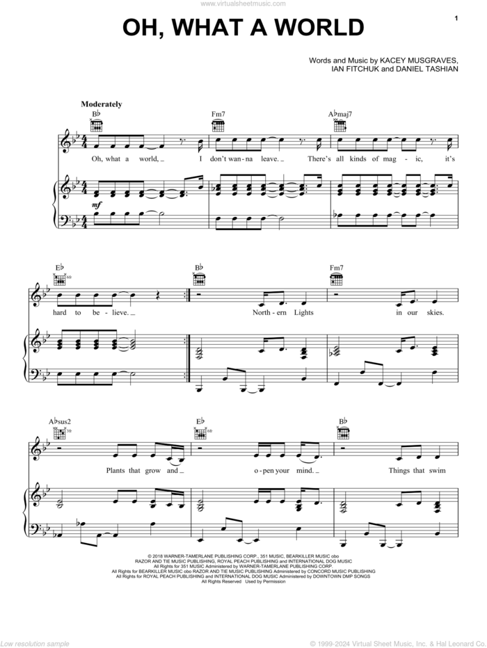 Oh, What A World sheet music for voice, piano or guitar by Kacey Musgraves, Daniel Tashian and Ian Fitchuk, intermediate skill level