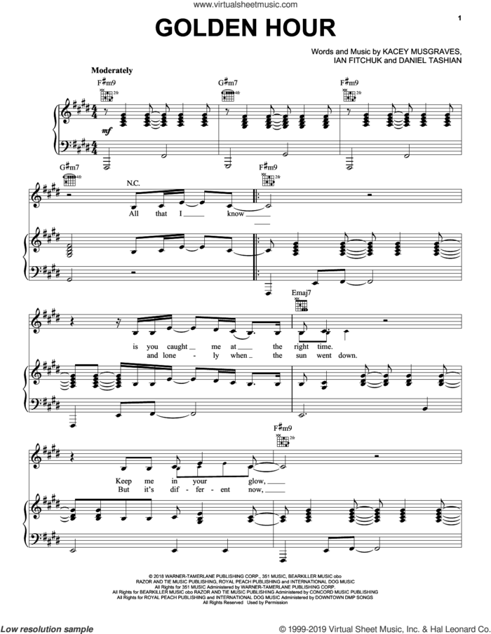 Golden Hour sheet music for voice, piano or guitar by Kacey Musgraves, Daniel Tashian and Ian Fitchuk, intermediate skill level