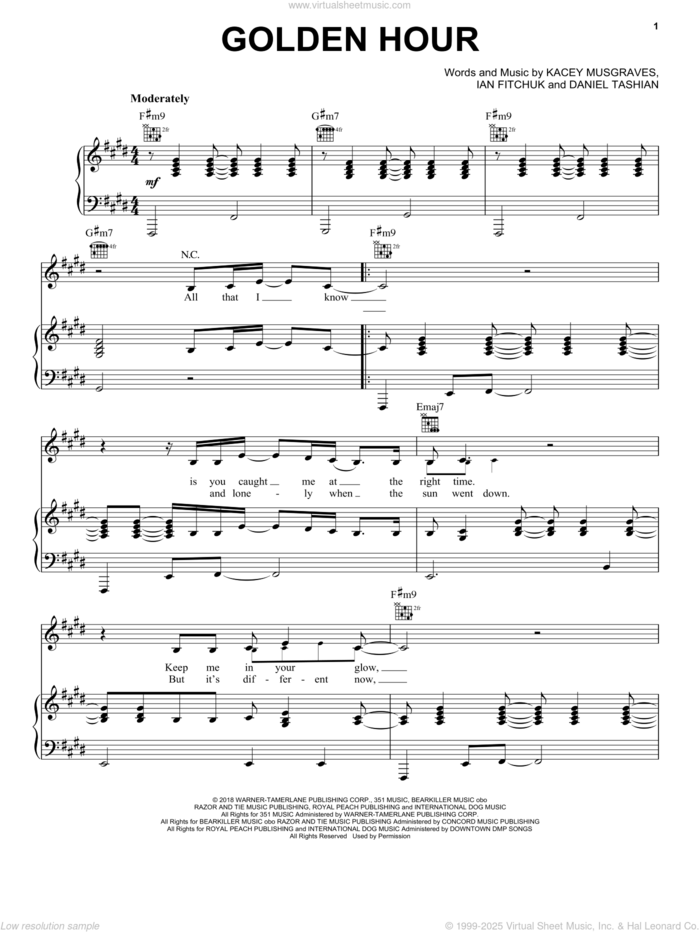 Golden Hour sheet music for voice, piano or guitar by Kacey Musgraves, Daniel Tashian and Ian Fitchuk, intermediate skill level