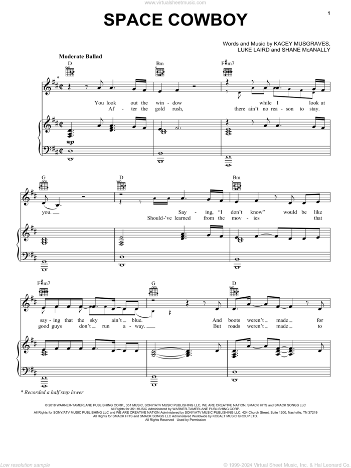 Space Cowboy sheet music for voice, piano or guitar by Kacey Musgraves, Luke Laird and Shane McAnally, intermediate skill level