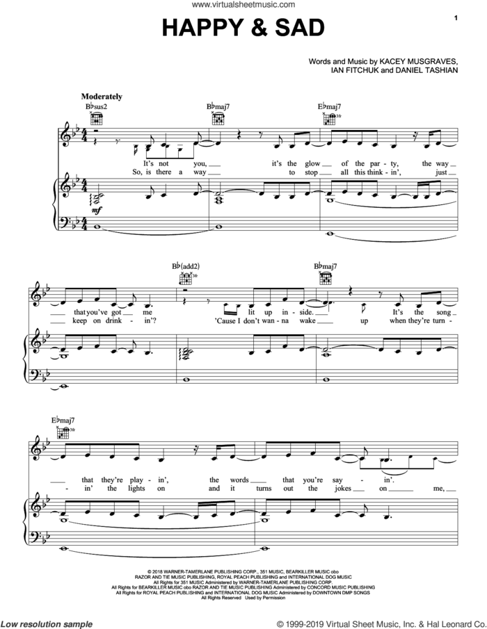 Happy and Sad sheet music for voice, piano or guitar by Kacey Musgraves, Daniel Tashian and Ian Fitchuk, intermediate skill level