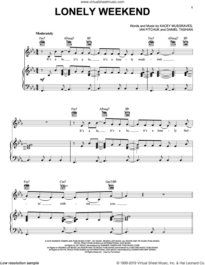 Lonely Weekend sheet music for voice, piano or guitar by Kacey Musgraves, Daniel Tashian and Ian Fitchuk, intermediate skill level