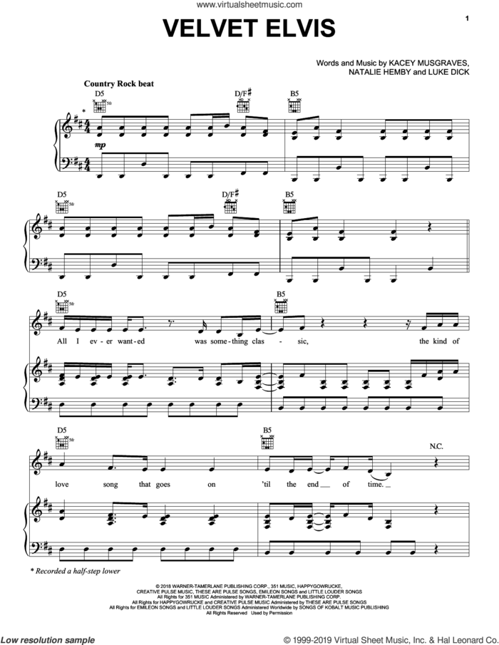 Velvet Elvis sheet music for voice, piano or guitar by Kacey Musgraves, Luke Dick and Natalie Hemby, intermediate skill level