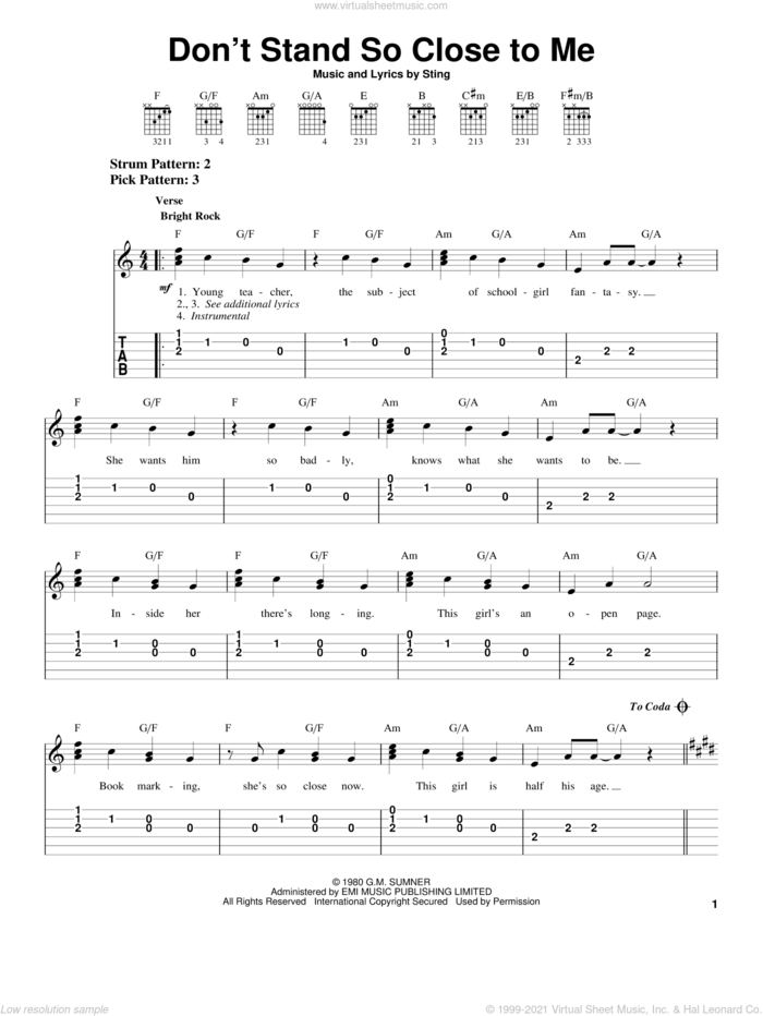 Don't Stand So Close To Me sheet music for guitar solo (easy tablature) by The Police and Sting, easy guitar (easy tablature)