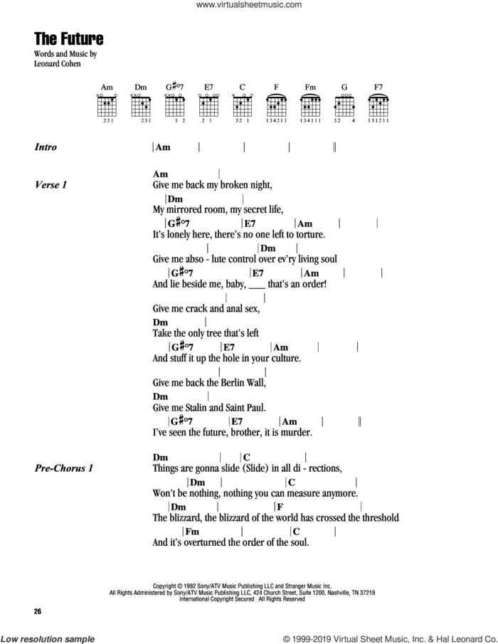 The Future sheet music for guitar (chords) by Leonard Cohen, intermediate skill level