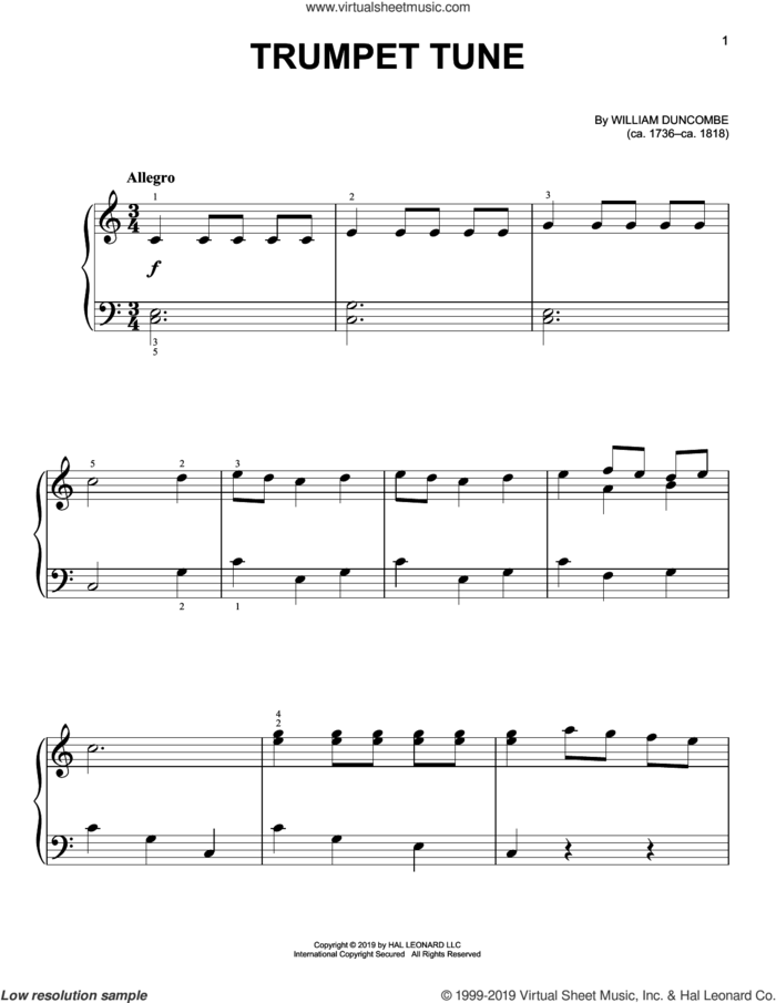 Trumpet Tune sheet music for piano solo by William Duncombe, classical score, easy skill level