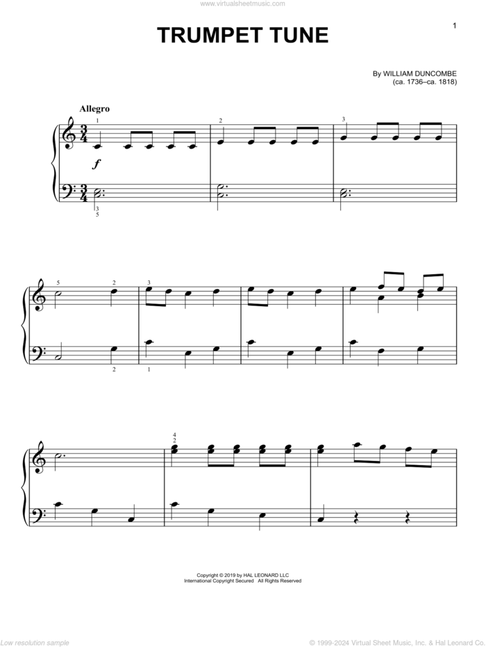 Trumpet Tune sheet music for piano solo by William Duncombe, classical score, easy skill level