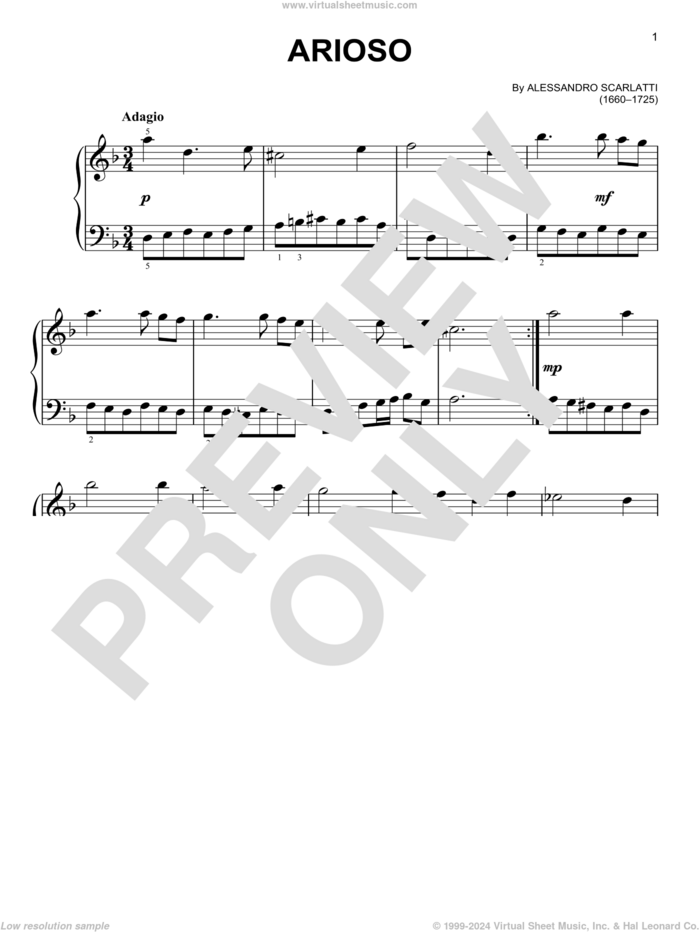 Arioso, (easy) sheet music for piano solo by Alessandro Scarlatti, classical score, easy skill level