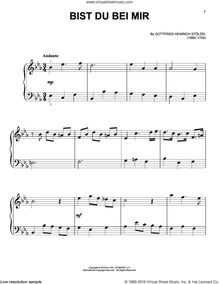 Bist Du Bei Mir, (easy) sheet music for piano solo by Gottfried Heinrich Stolzel, classical score, easy skill level