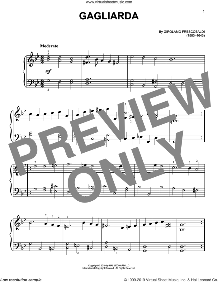 Gagliarda, (easy) sheet music for piano solo by Girolamo Frescobaldi, classical score, easy skill level