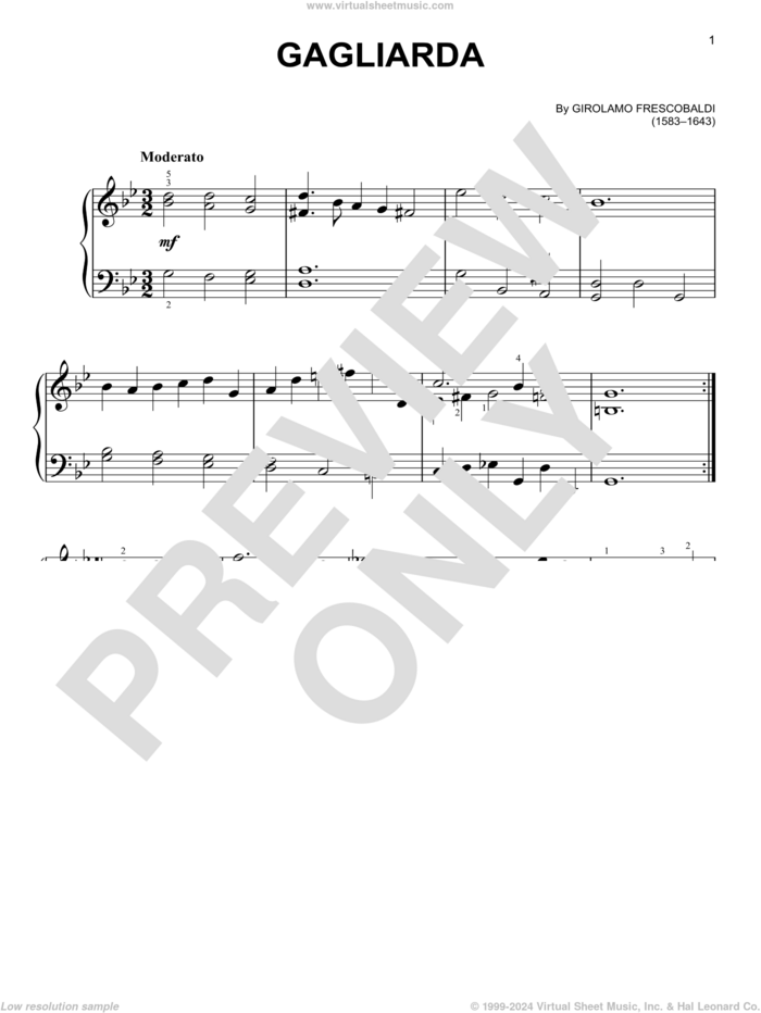 Gagliarda, (easy) sheet music for piano solo by Girolamo Frescobaldi, classical score, easy skill level