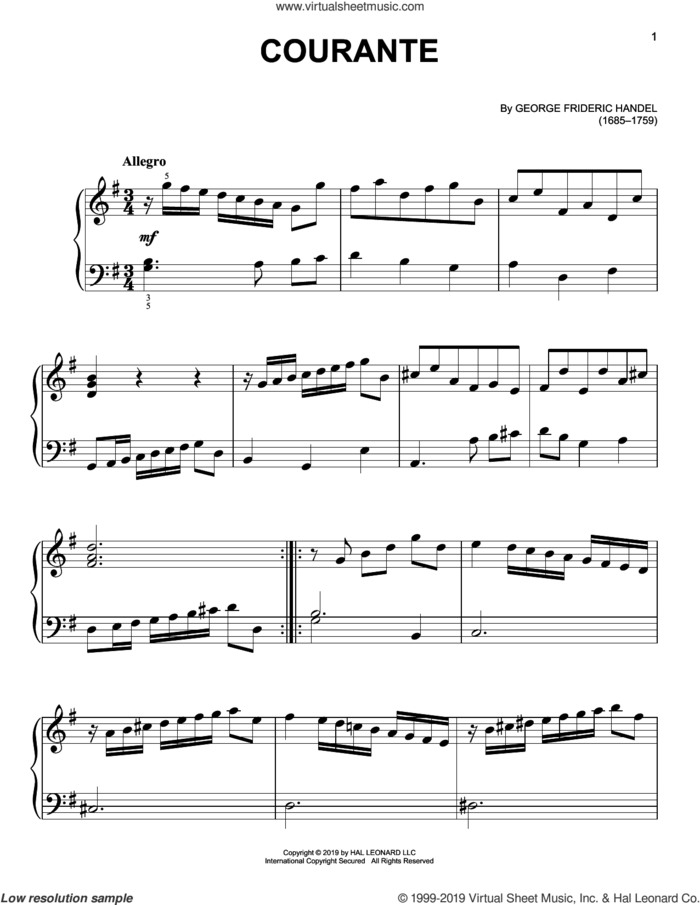 Courante sheet music for piano solo by George Frideric Handel, classical score, easy skill level