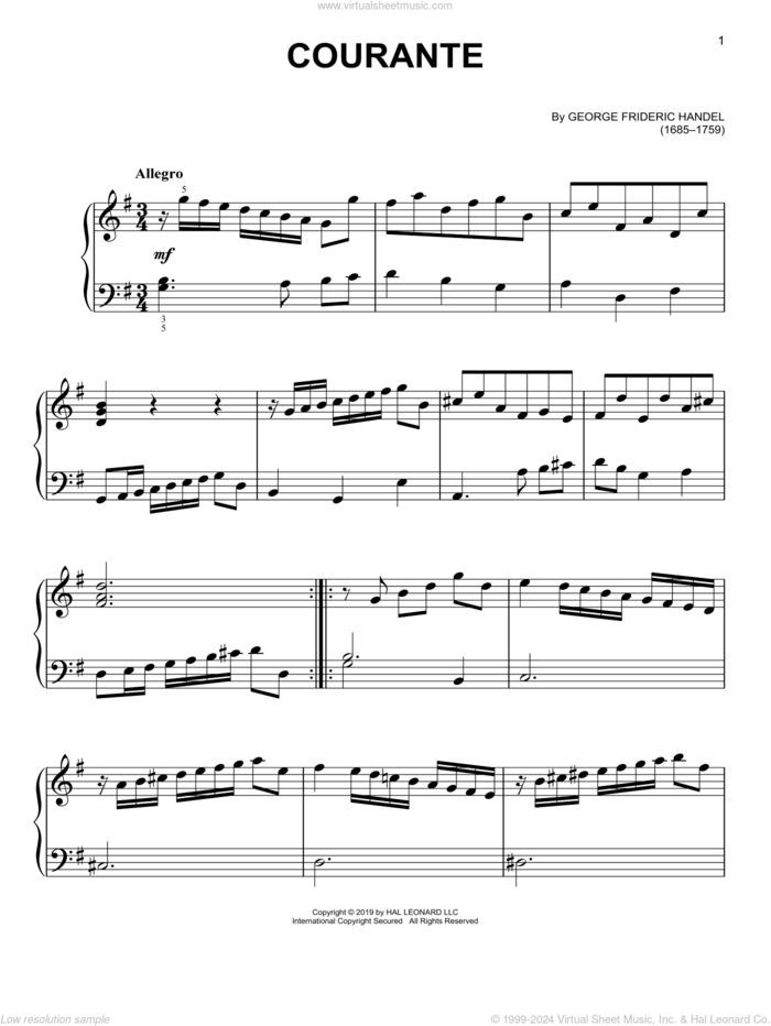 Courante sheet music for piano solo by George Frideric Handel, classical score, easy skill level