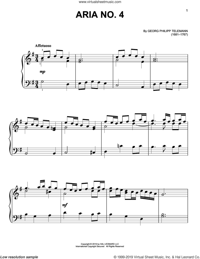 Aria No. 4 sheet music for piano solo by Georg Philipp Telemann, classical score, easy skill level