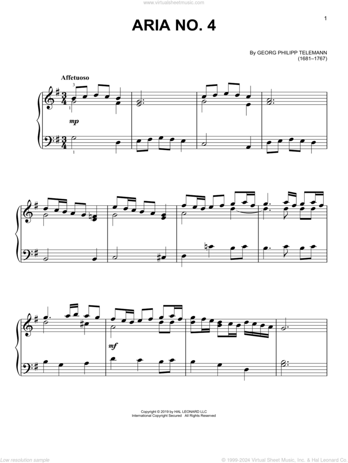 Aria No. 4 sheet music for piano solo by Georg Philipp Telemann, classical score, easy skill level