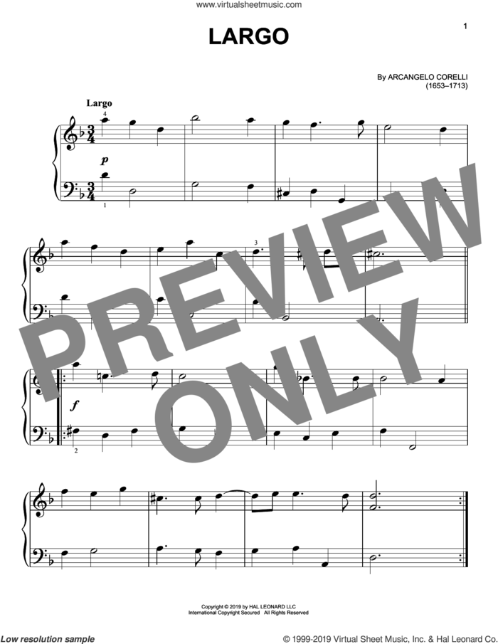 Largo sheet music for piano solo by Arcangelo Corelli, classical score, easy skill level