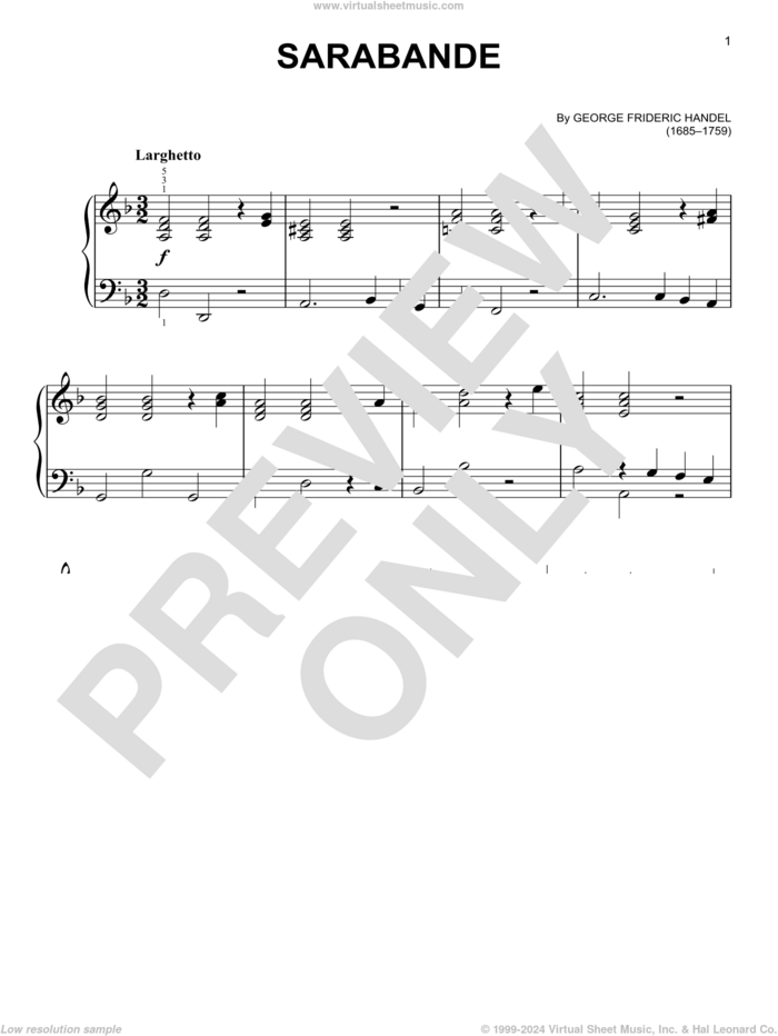 Sarabande, (easy) sheet music for piano solo by George Frideric Handel, classical score, easy skill level