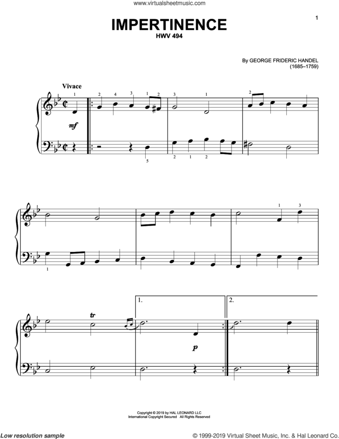 Impertinence, HWV 494, (easy) sheet music for piano solo by George Frideric Handel, classical score, easy skill level