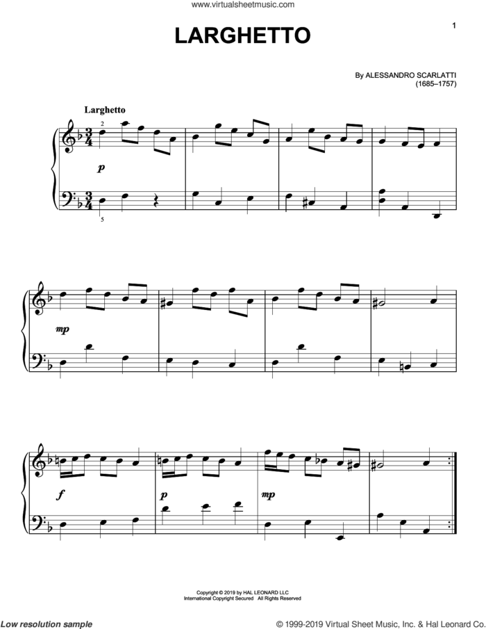 Larghetto sheet music for piano solo by Alessandro Scarlatti, classical score, easy skill level