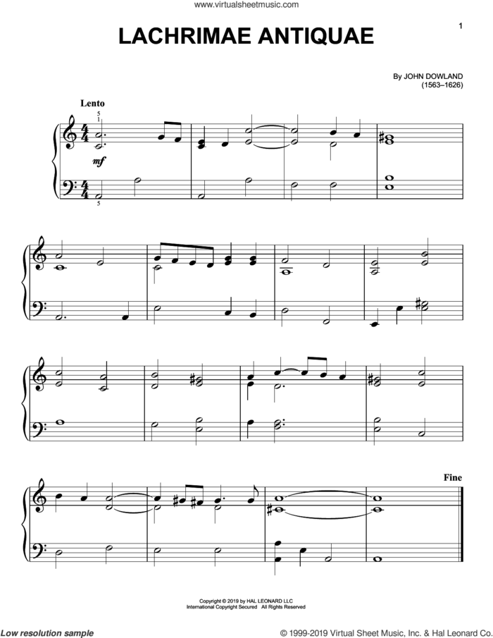 Lachrimae Antiquae sheet music for piano solo by John Dowland, easy skill level