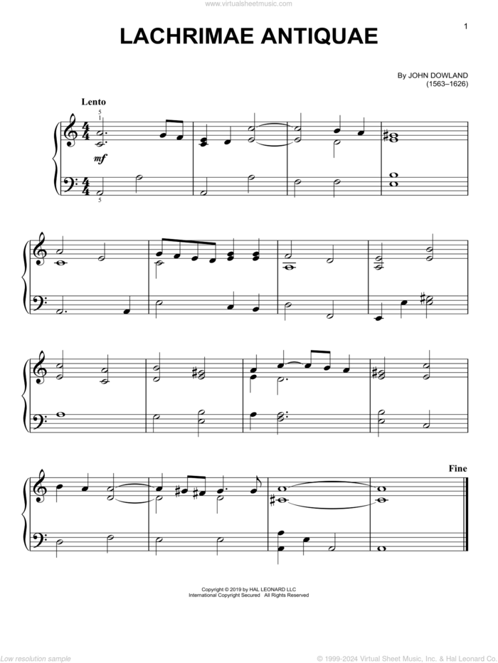 Lachrimae Antiquae sheet music for piano solo by John Dowland, easy skill level