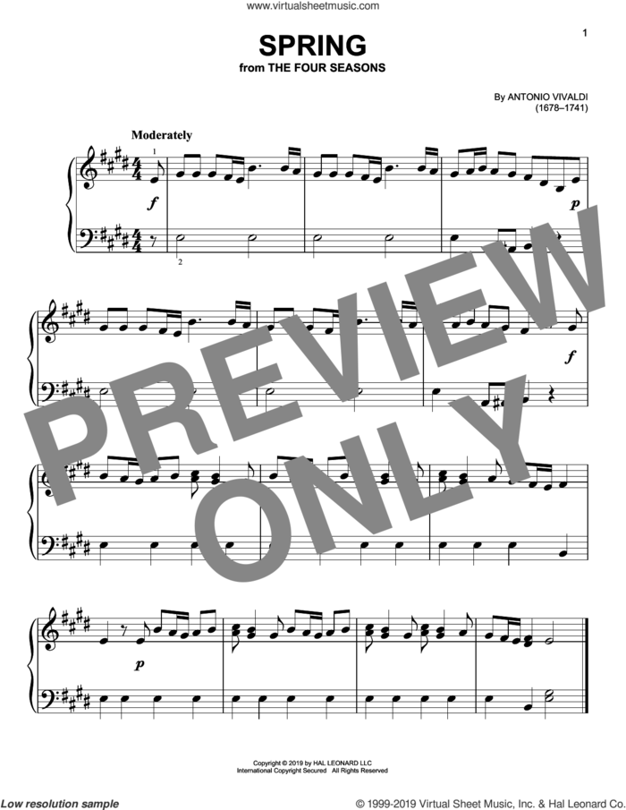 Spring, (easy) sheet music for piano solo by Antonio Vivaldi, classical score, easy skill level
