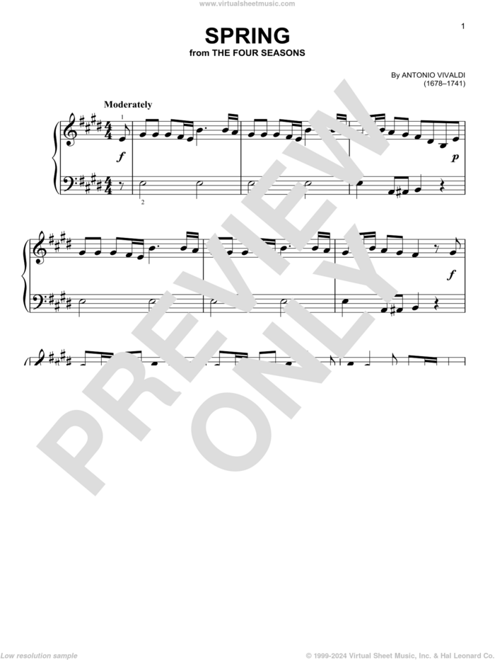 Spring, (easy) sheet music for piano solo by Antonio Vivaldi, classical score, easy skill level