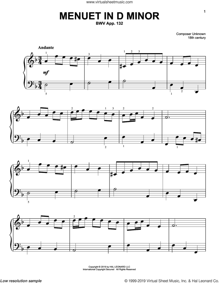 Menuet In D Minor, BWV App. 132 sheet music for piano solo by Christos Tsitsaros, classical score, easy skill level