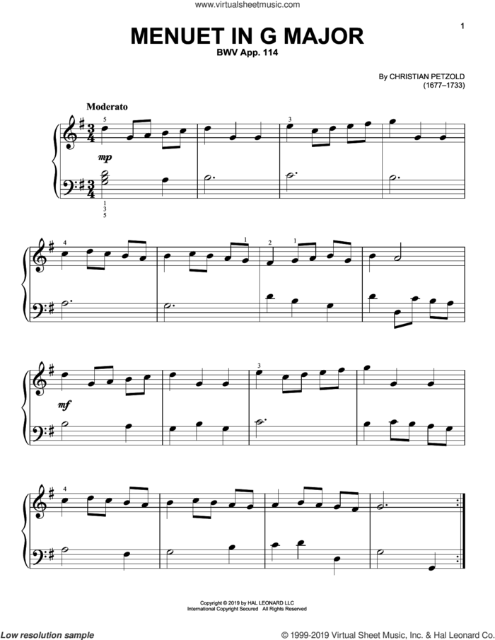 Menuet In G Major, BWV App. 114 sheet music for piano solo by Christos Tsitsaros and Christian Petzold, classical score, easy skill level