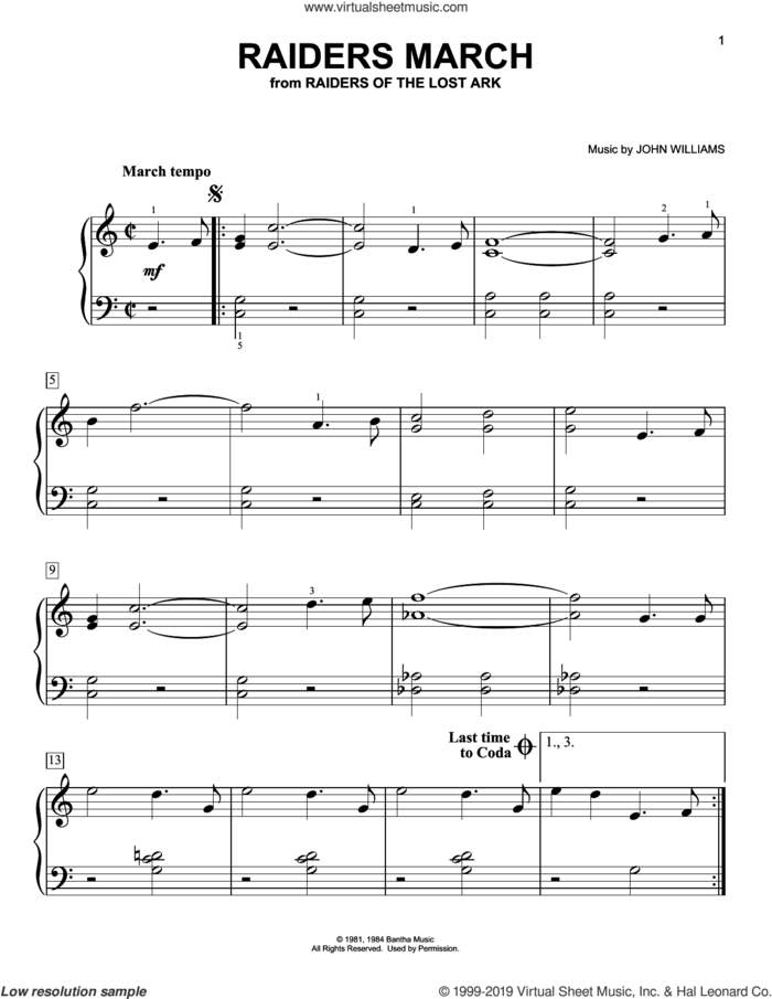 Raiders March (from Raiders of The Lost Ark) sheet music for piano solo by John Williams, easy skill level
