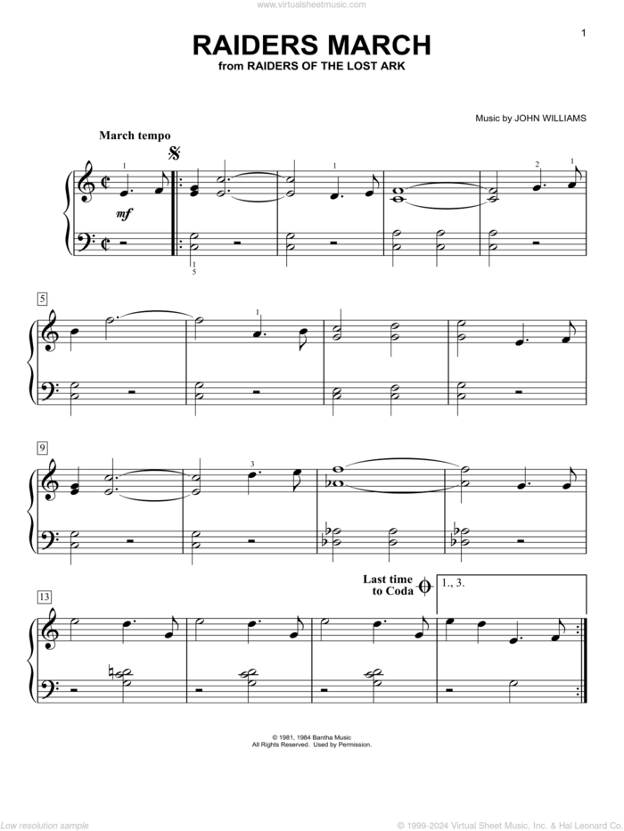 Raiders March (from Raiders of The Lost Ark) sheet music for piano solo by John Williams, easy skill level