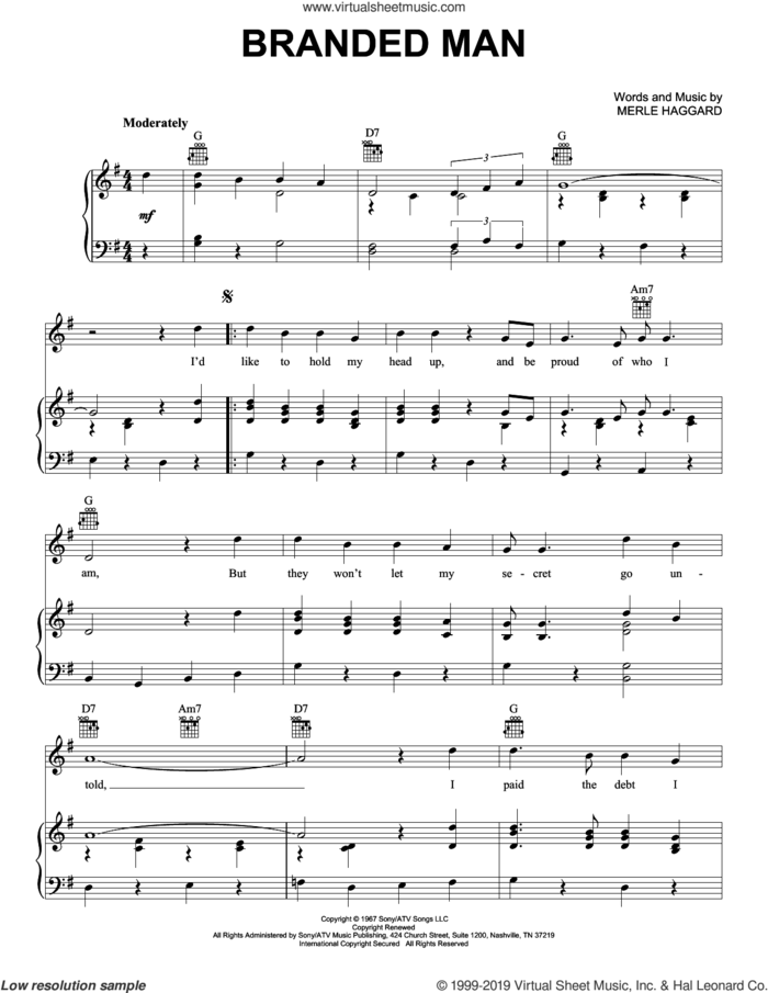 Branded Man sheet music for voice, piano or guitar by Merle Haggard, intermediate skill level