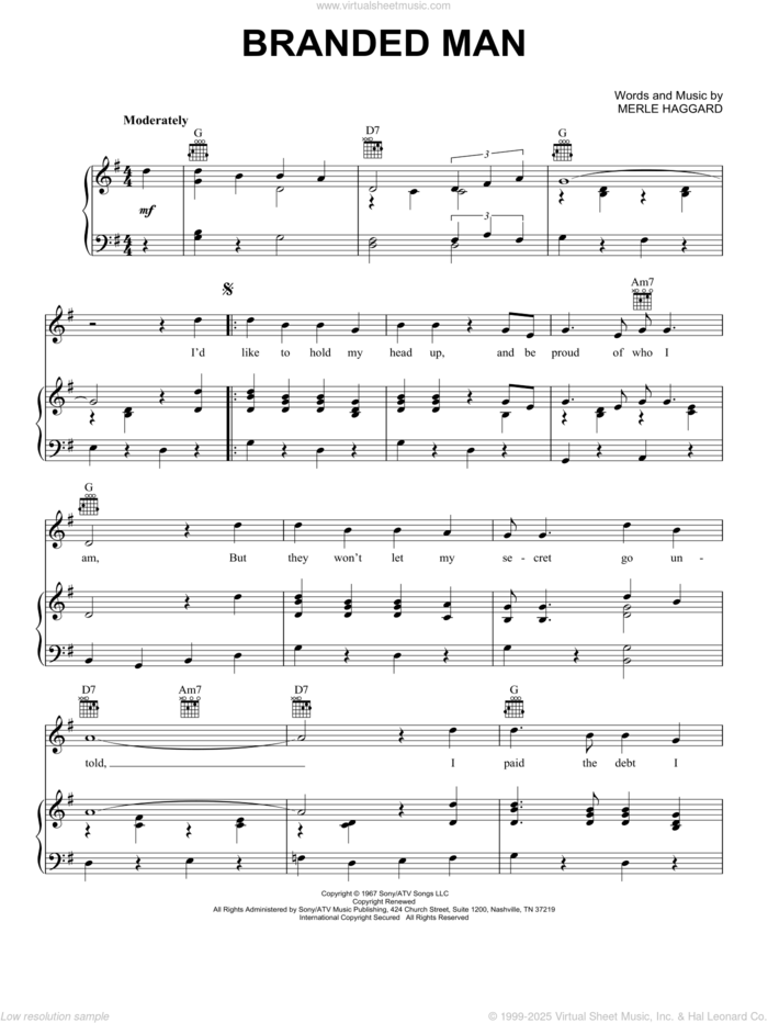 Branded Man sheet music for voice, piano or guitar by Merle Haggard, intermediate skill level