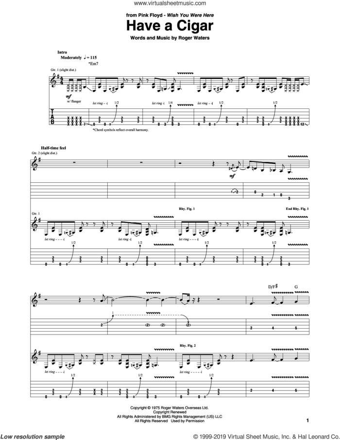 Have A Cigar sheet music for guitar (tablature) by Pink Floyd and Roger Waters, intermediate skill level