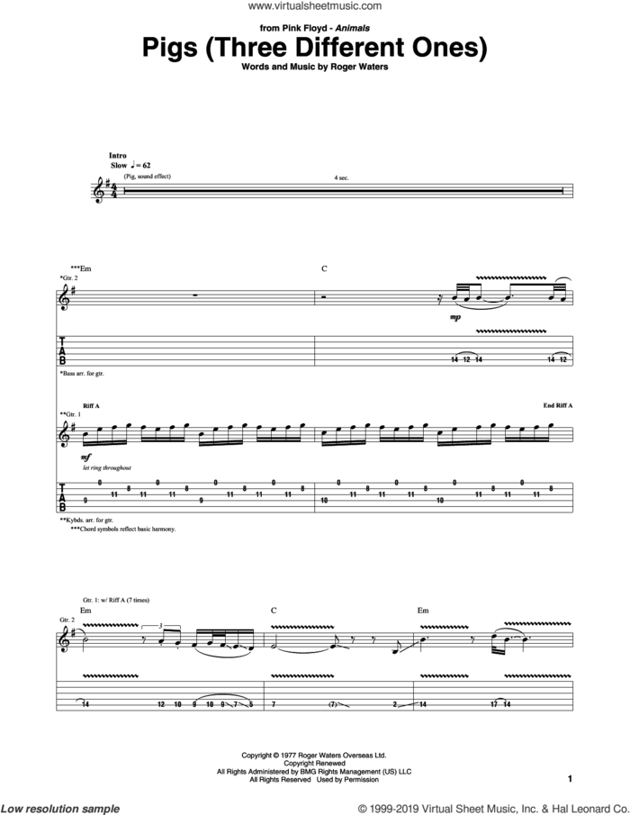 Pigs (Three Different Ones) sheet music for guitar (tablature) by Pink Floyd and Roger Waters, intermediate skill level