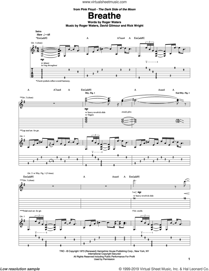 Breathe sheet music for guitar (tablature) by Pink Floyd, David Gilmour, Richard Wright and Roger Waters, intermediate skill level